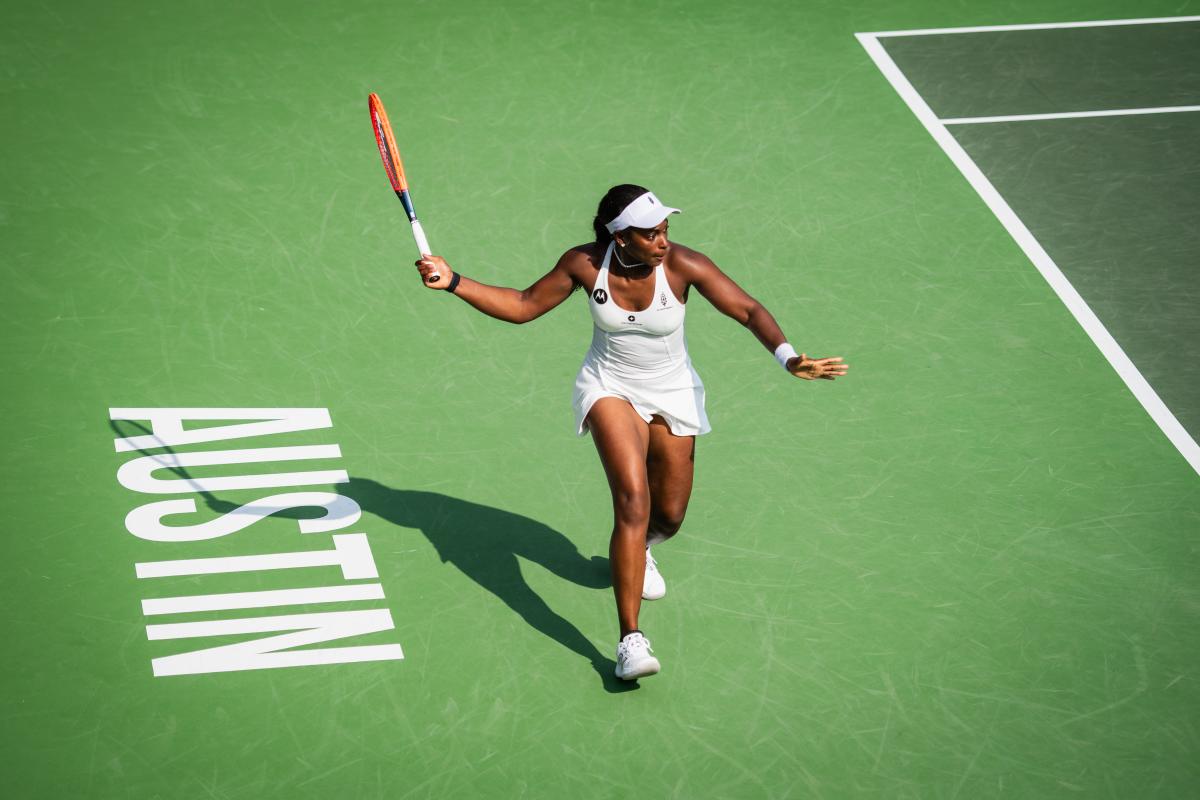 Image of a women with her arm extended about to hit a tennis ball at the ATX Open.