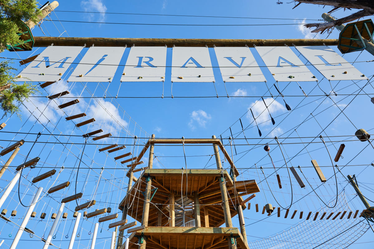 Image of the ropes course towering above the ground at Miraval Austin.