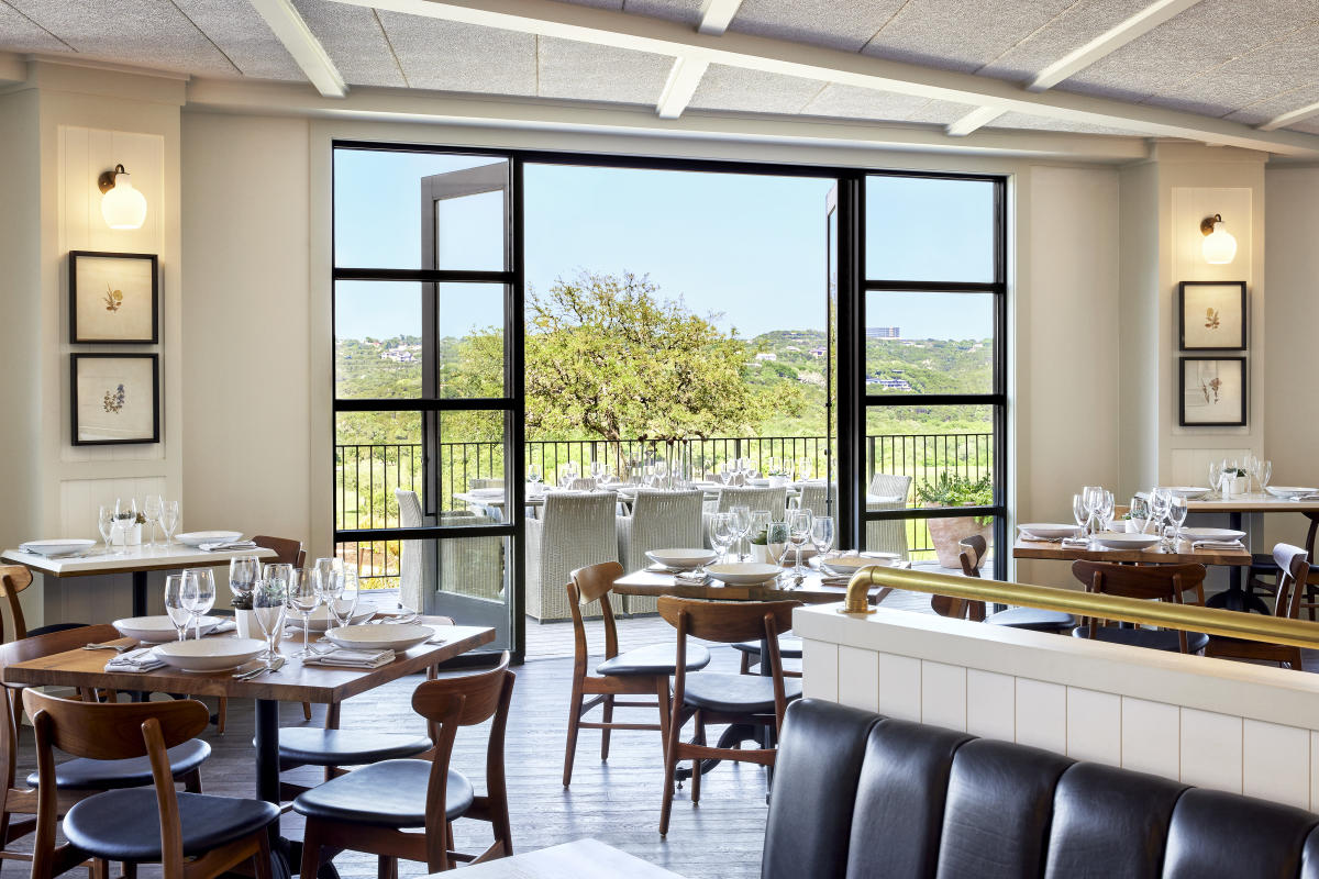 The dining room at Blind Salamander with doors that open out to the patio.