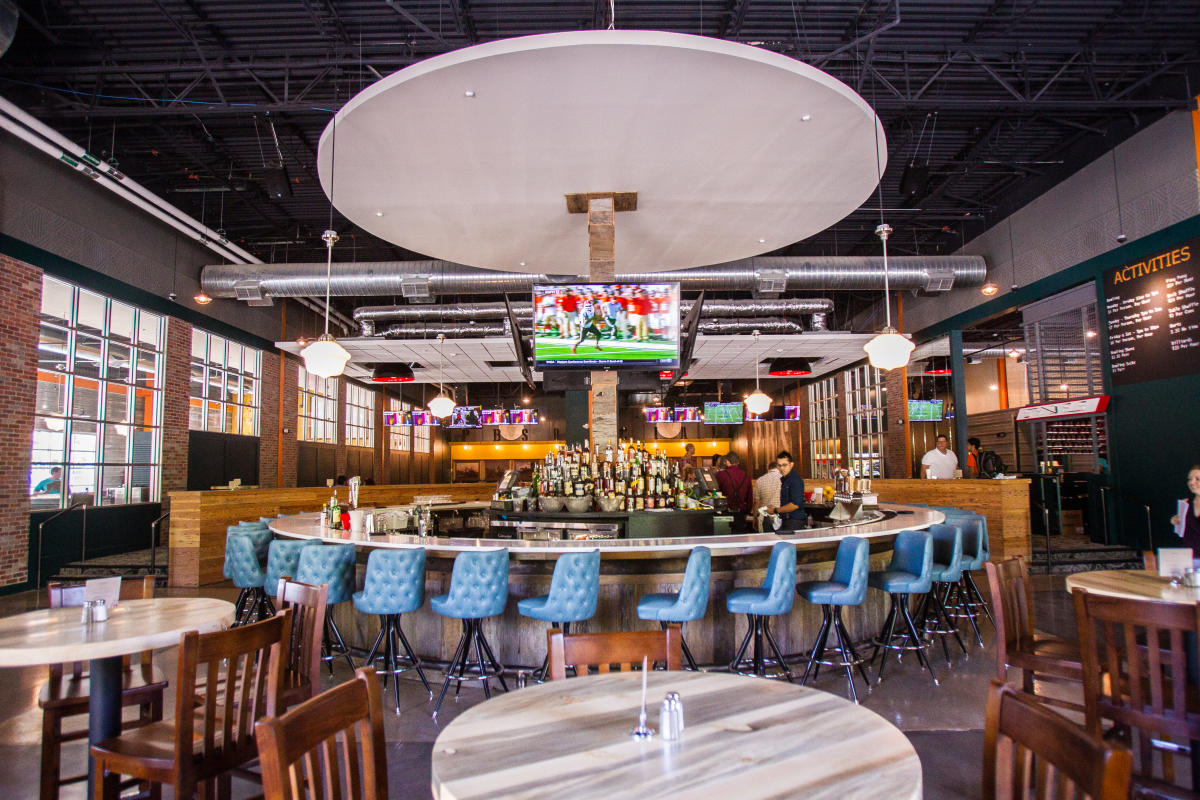 Bar with television at Punch Bowl Social Austin texas