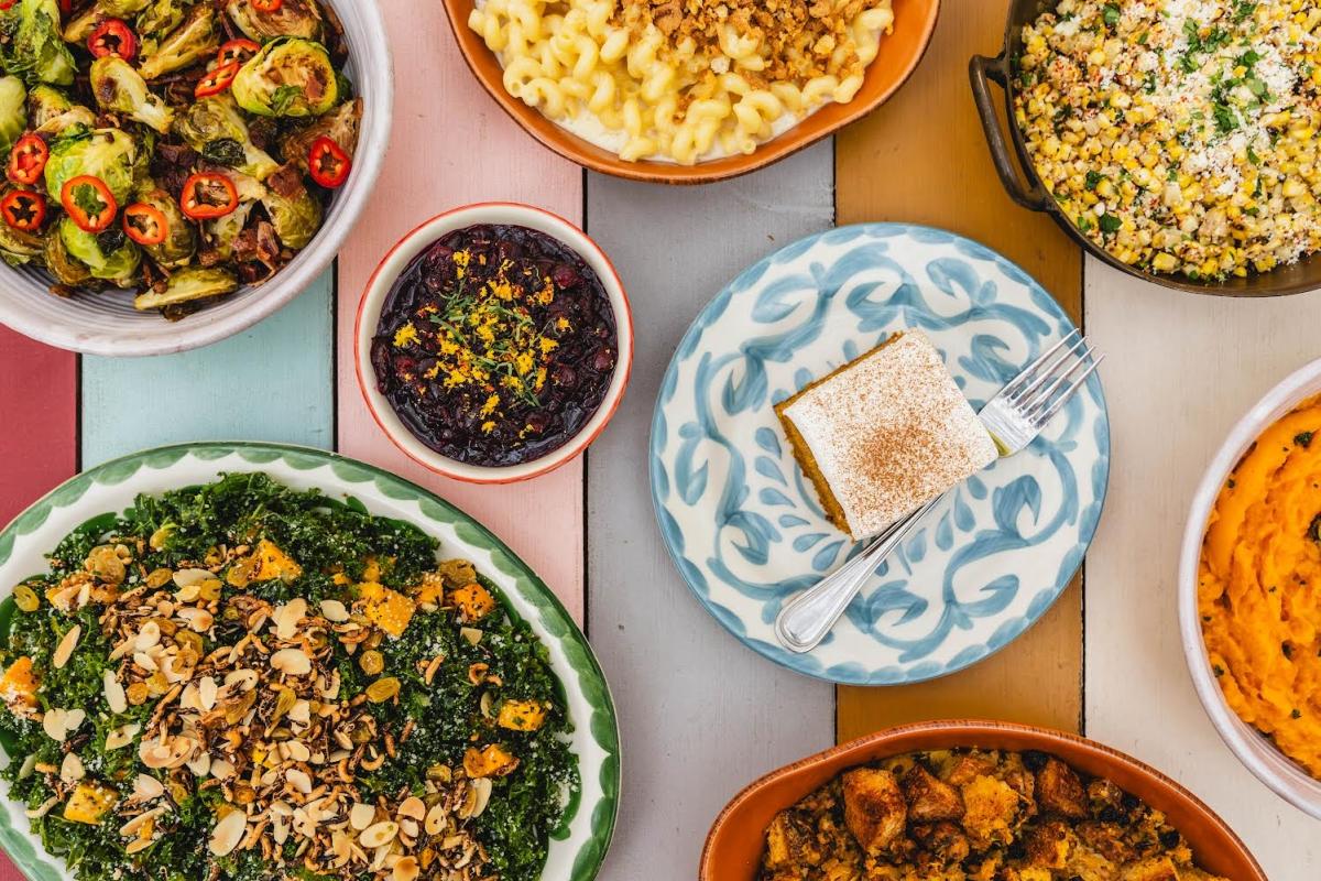 Flat lay image of a thanksgiving spread of food from Fresa's.