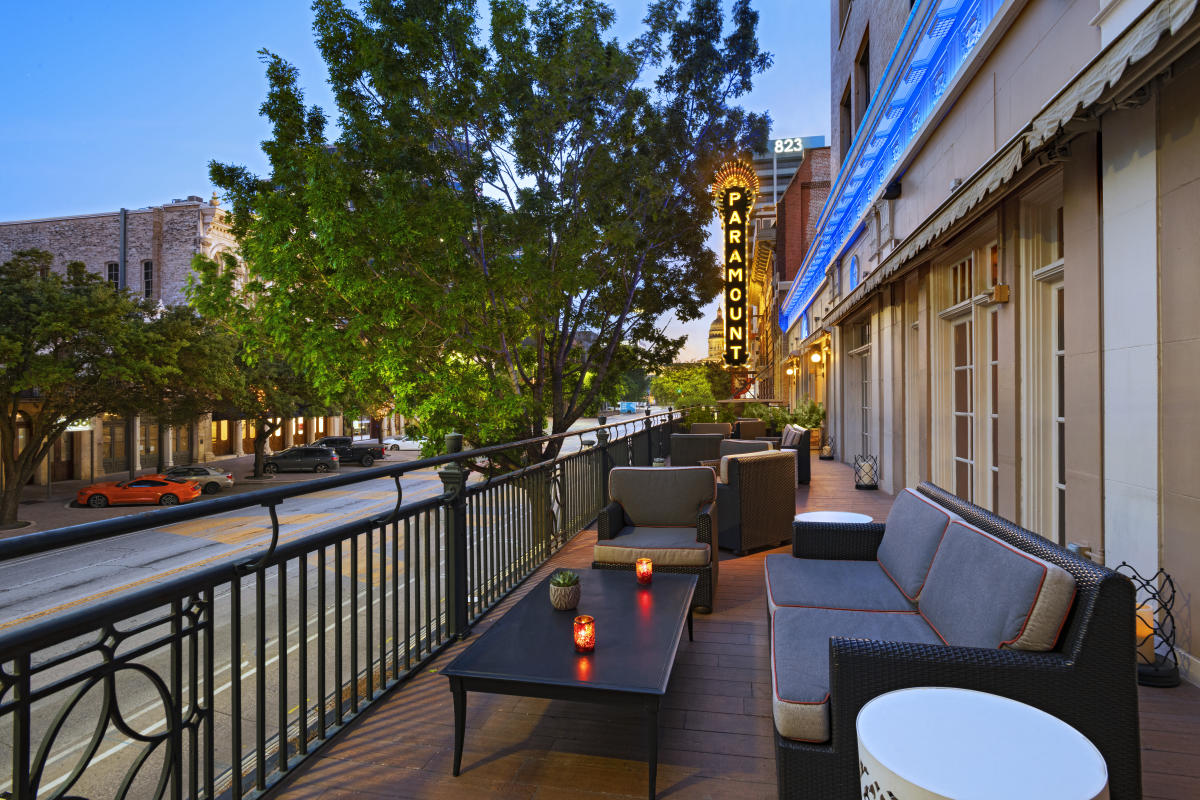 Outdoor terrace overlooking Congress Avenue and the Paramount Theatre.