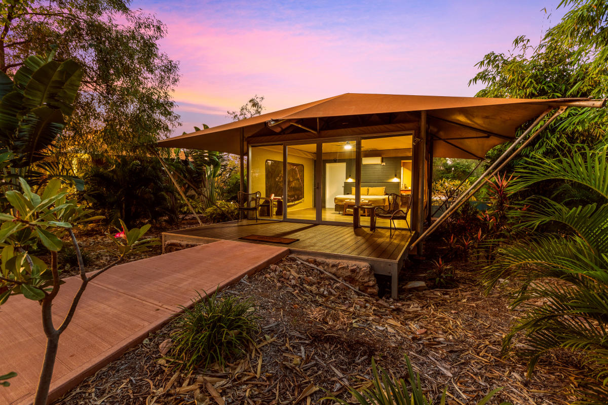 A Safari Tent at twilight at Cygnet Bay Pearl Farm