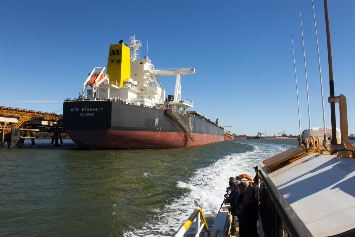 A large ship in port at Port Hedland, seen from the Seafarer's Association launch during a port tour
