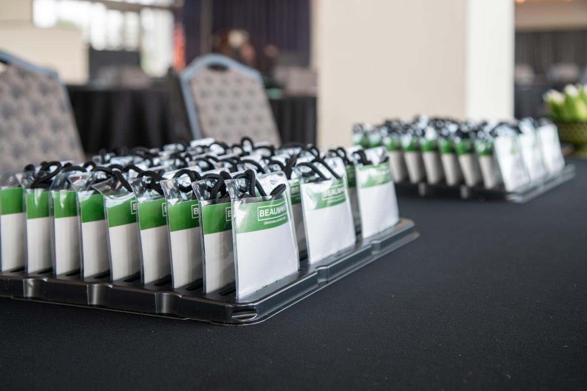 a table displaying custom name badges in an organized box