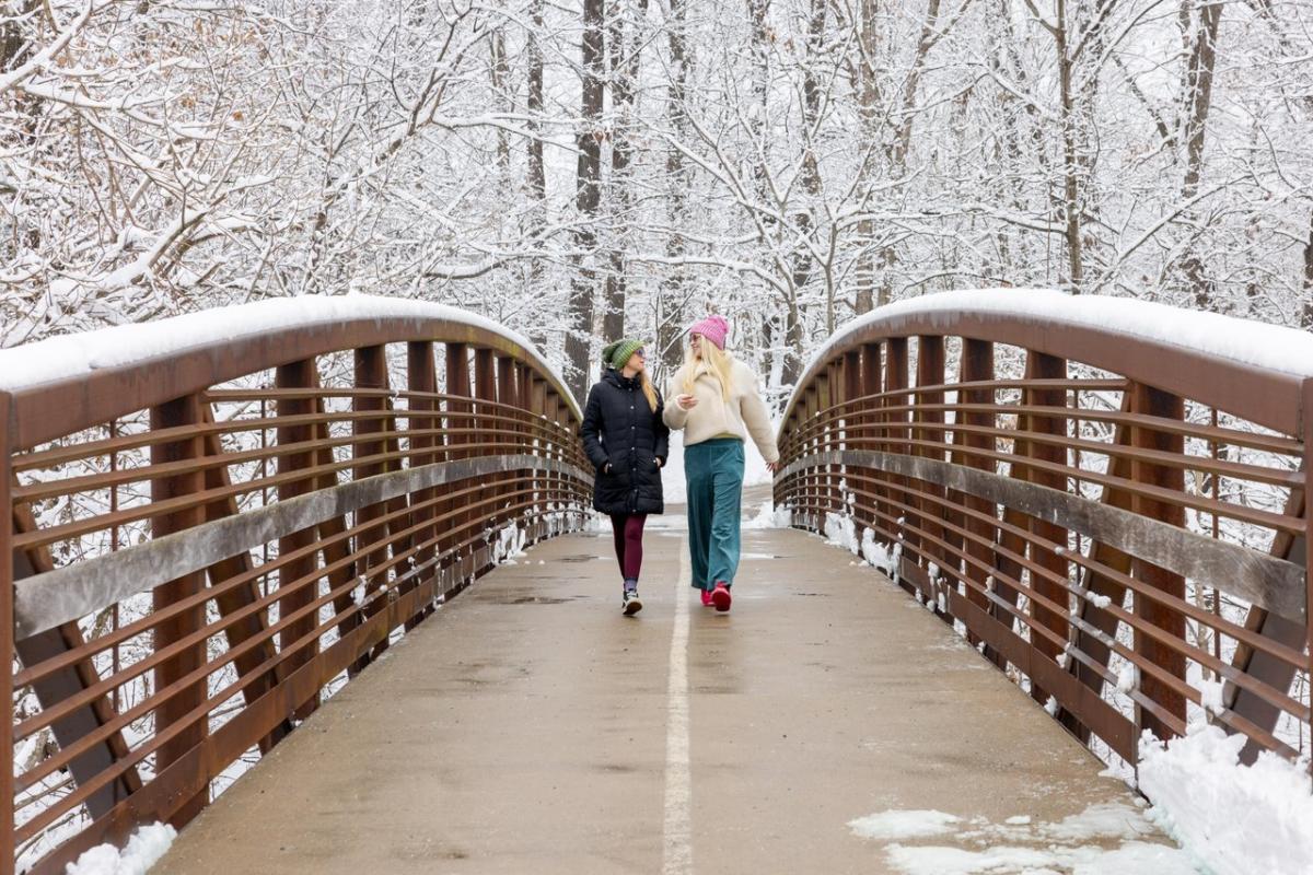 Two individuals walk across a snow-covered bridge surrounded by trees, creating a serene winter scene. Snow blankets the landscape, enhancing the tranquil atmosphere.