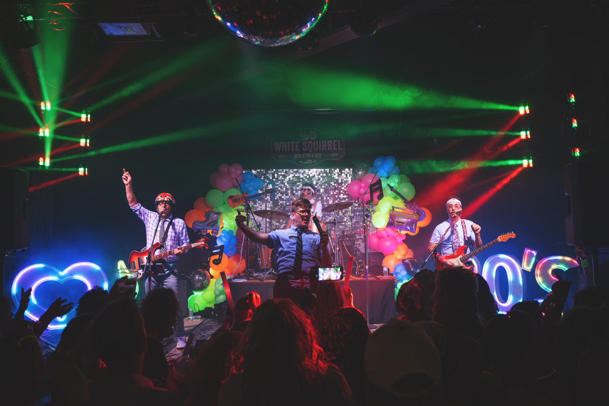 Band Spazmatics performing to a crowd at White Squirrel Brewery.