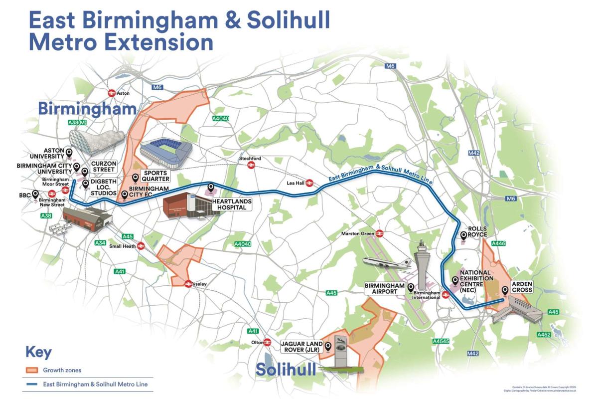 A map of the new tram extension connecting East Birmingham with Solihull.