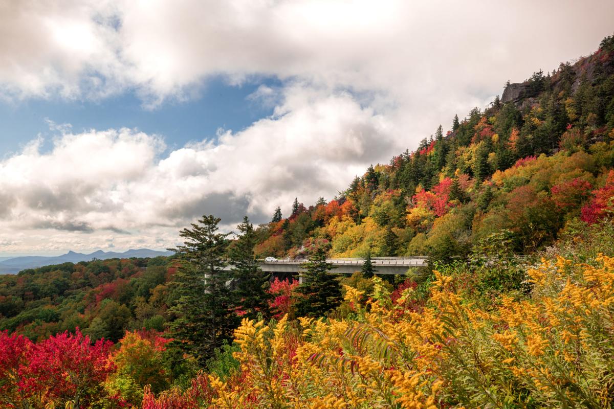 The Linn Cove Viaduct on the Blue Ridge Parkway winds around a mountain dappled with red, orange, and yellow leaf color.