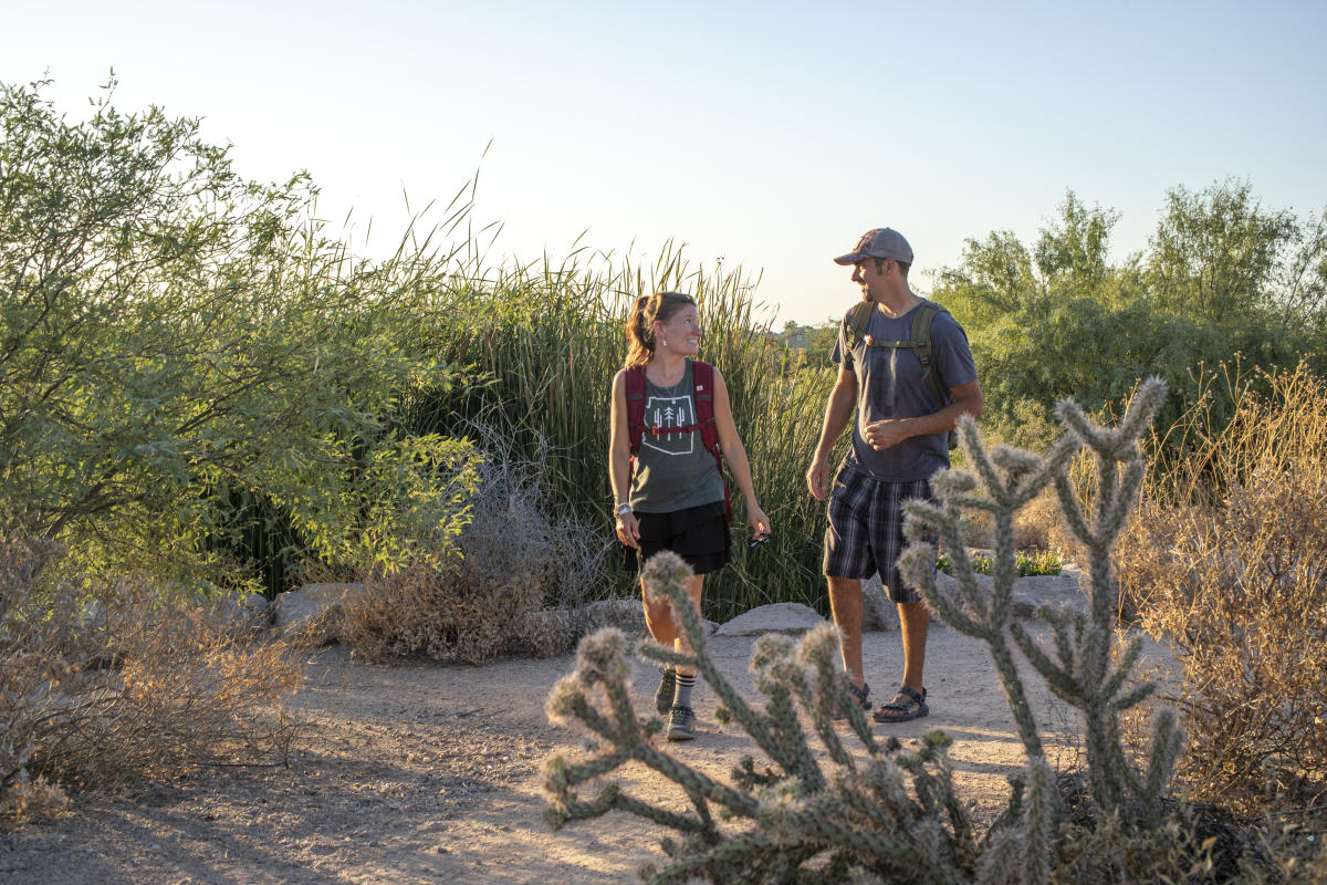 a couple hiking through the desert in Chandler, az