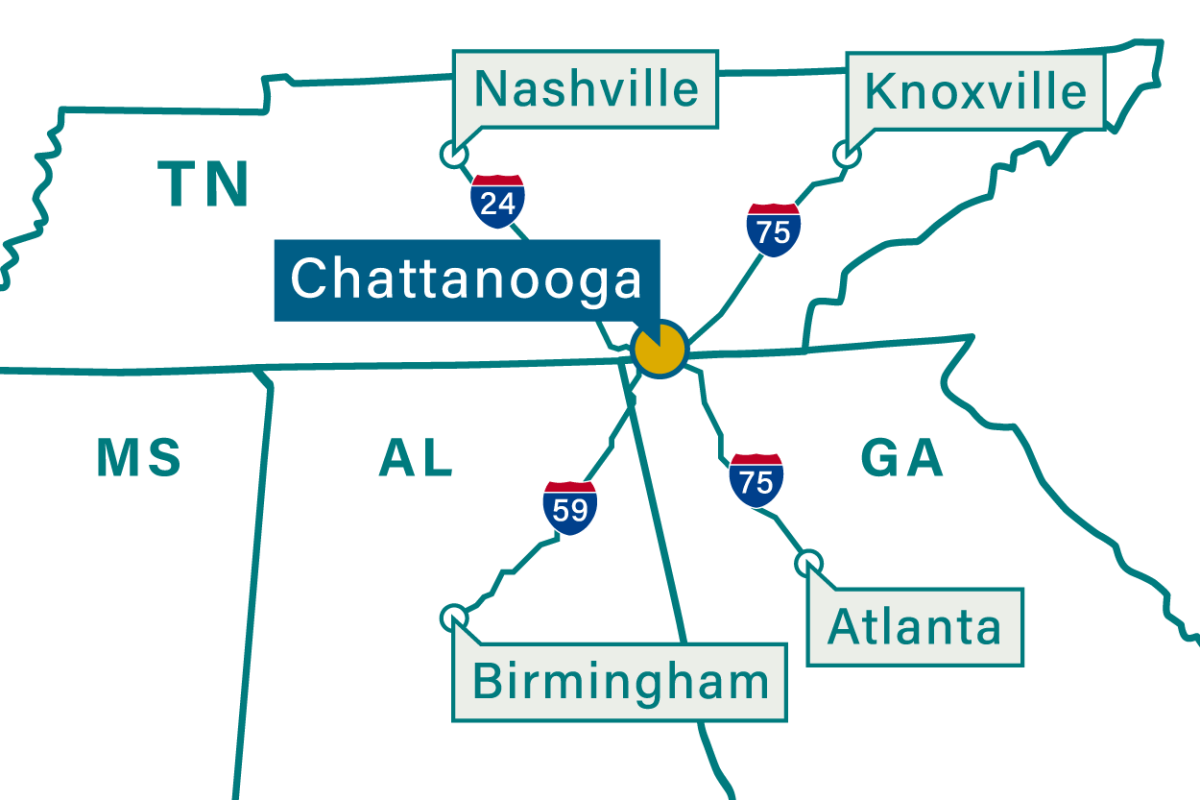 Regional Map of Chattanooga and nearby cities: Nashville, Knoxville, Atlanta, and Birmingham