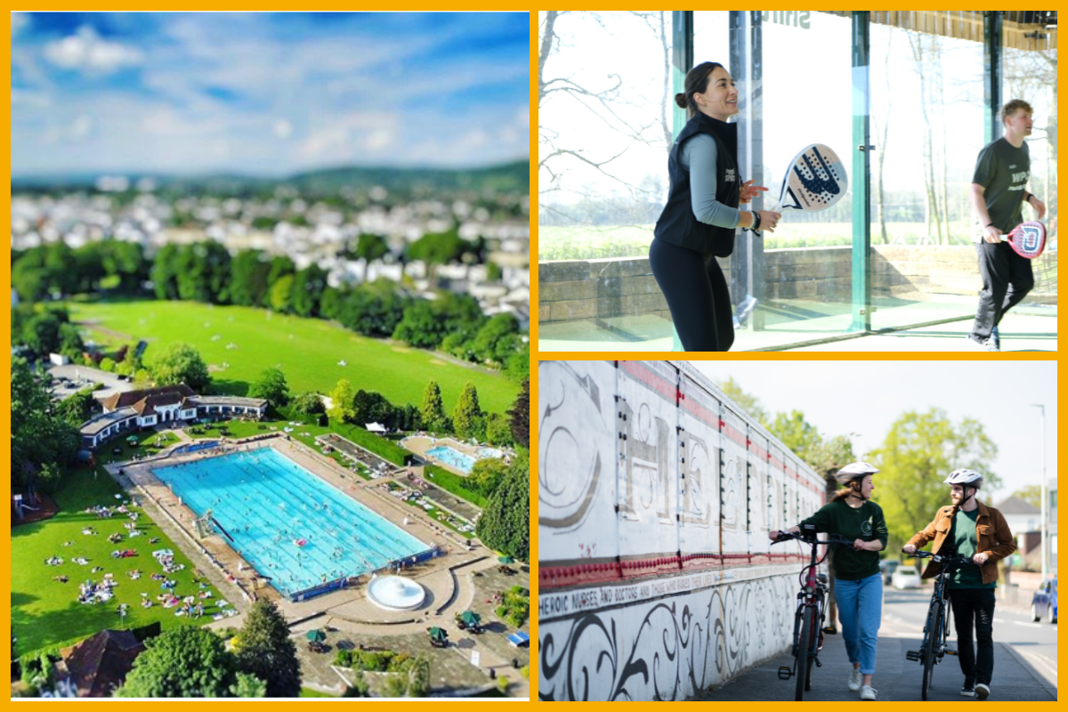 Image shows Cheltenham Lido, two padel players and a male and female on bikes in Cheltenham