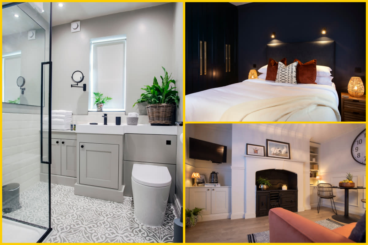 Bathroom, bedroom and living room