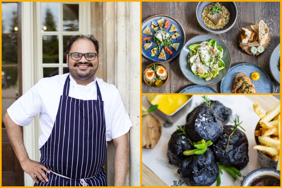Collage of Abhijit Dasalkar, Head Chef at The Greenway Hotel & Spa, and meals served at the Orchard Brasserie.