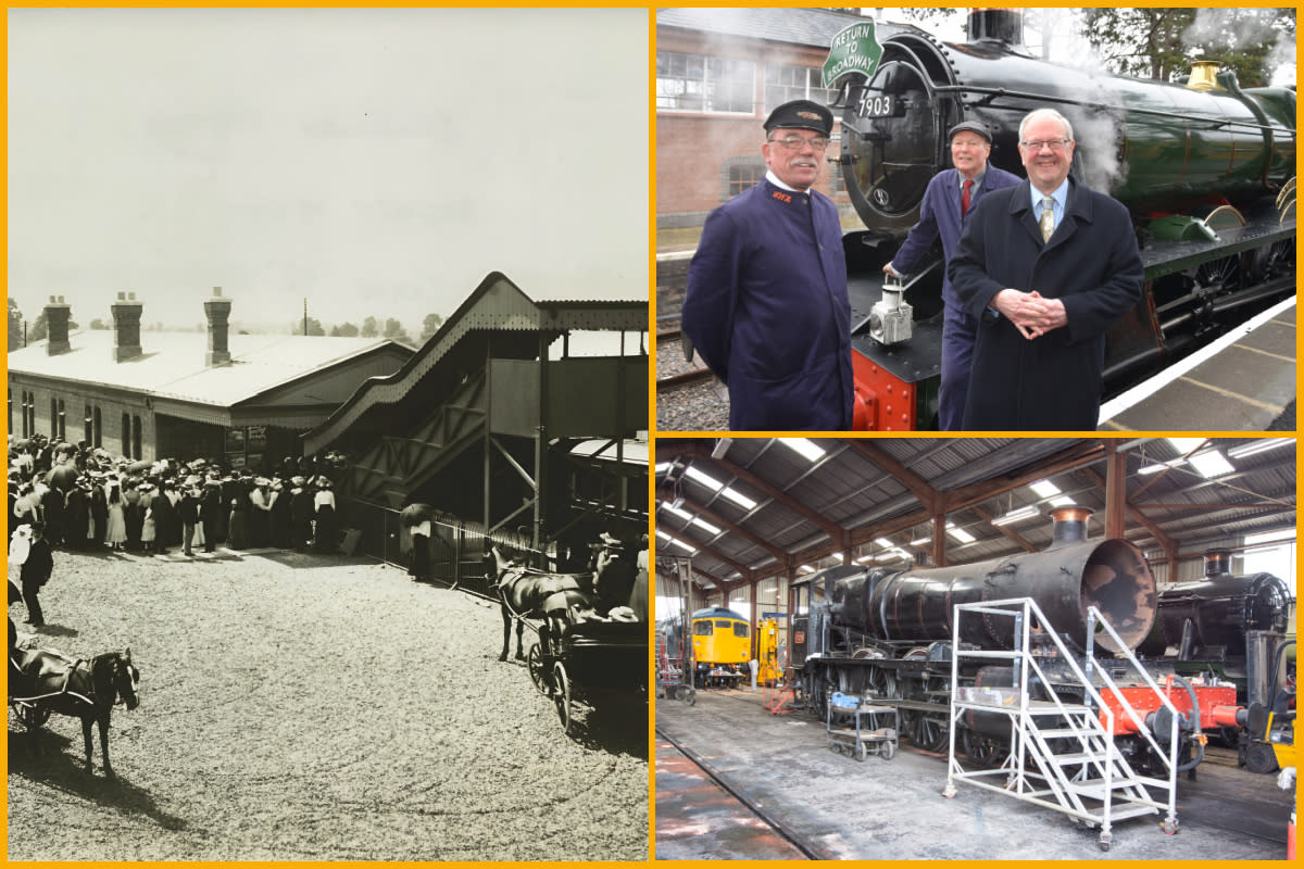 Collage (left) Broadway station 1904 opening  from GWSR archive (top right) John Cruxon driver, Chris Smith fireman, Lord Faulkner (bottom right) DP shed 3 Toddington 7820 by Ian Crowder