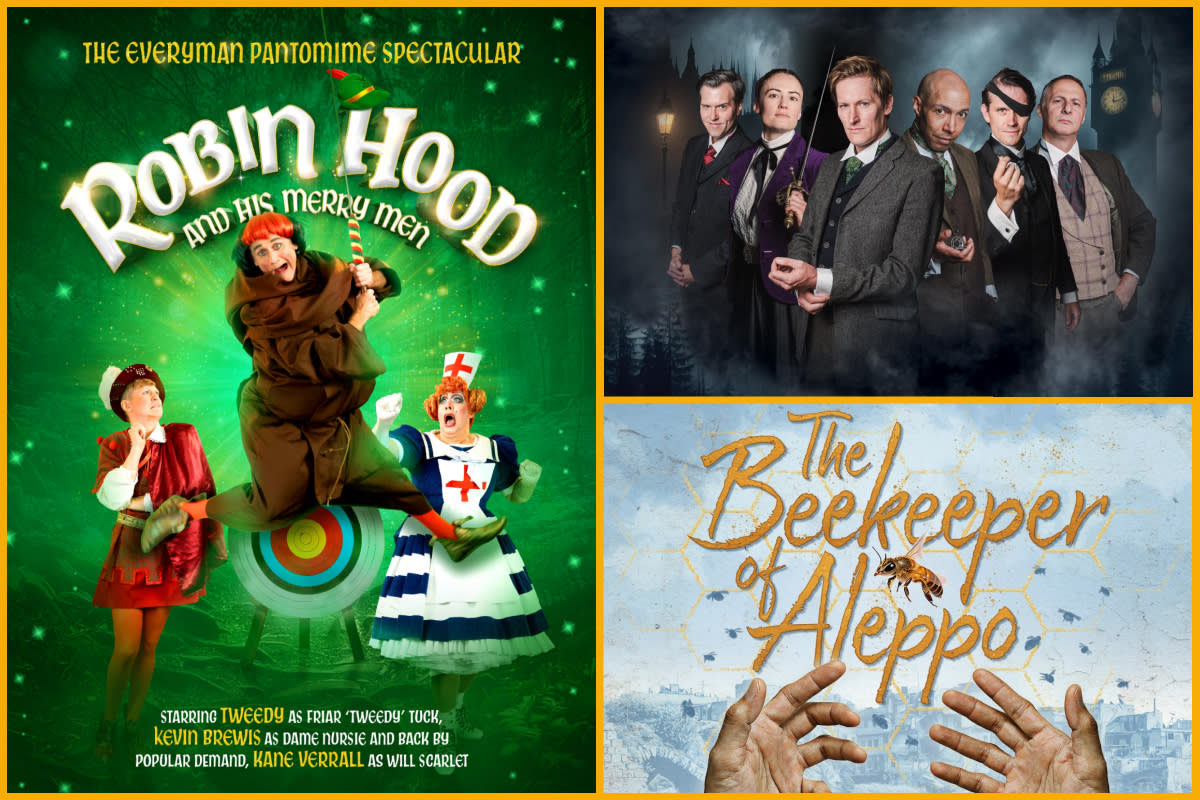 Collage (left) Robin Hood and His Merry Men, (right) Sherlock Holmes and the Hunt for Moriarty, The Beekeeper of Aleppo theatre posters.