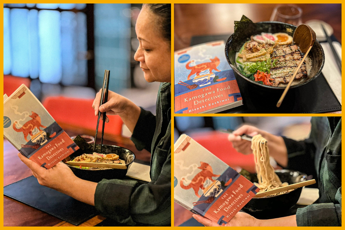 Collage of a lady dining at KIBOU and reading a book.
