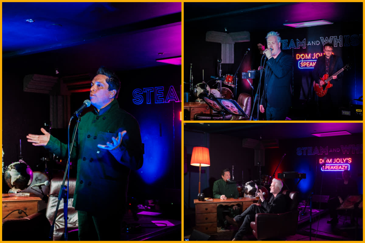 Collage of Dom Joly and guests at The Steam & Whistle Cheltenham