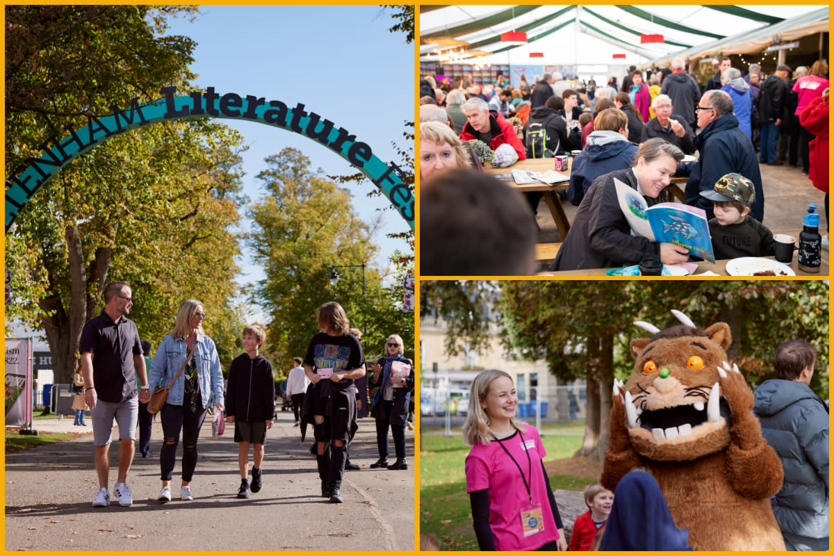Collage of visitors at Cheltenham Literature Festival.