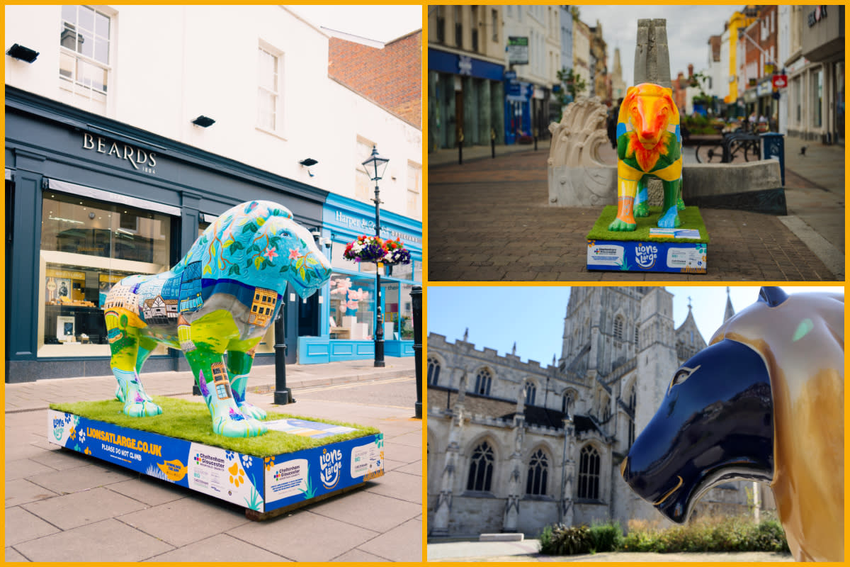 Image (left to right) Roarsome lion sculpture at Ormond Place, Queen Aetheflaed lion sculpture on Westgate Street by Medical Photography GHNHSFT, All That Glitters is not Gold lion sculpture outside Gloucester Cathedral by Anna Lythgoe Photography