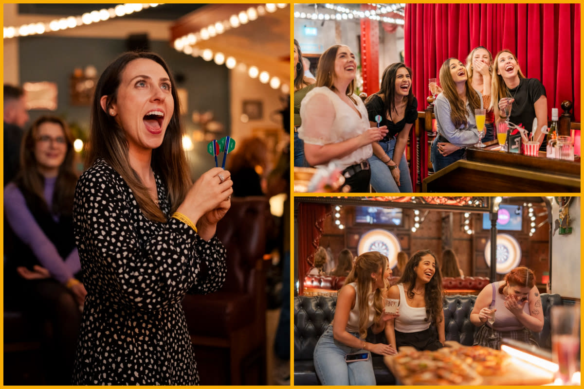 Collage of people playing social darts at Flight Club.