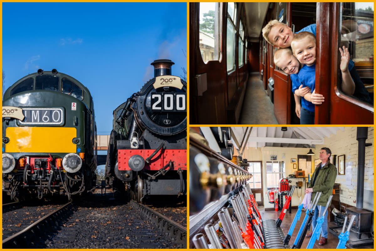 Collage (left to right) Railway 200 steam and diesel, children travelling, Sir Timothy Laurence by Jack Boskett