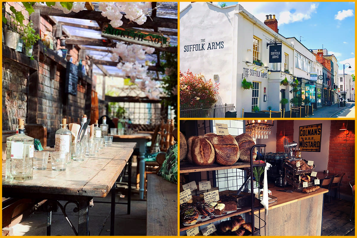 Collection of images showing Curious Cafe, Suffolk Arms and Baker and Graze Cheltenham