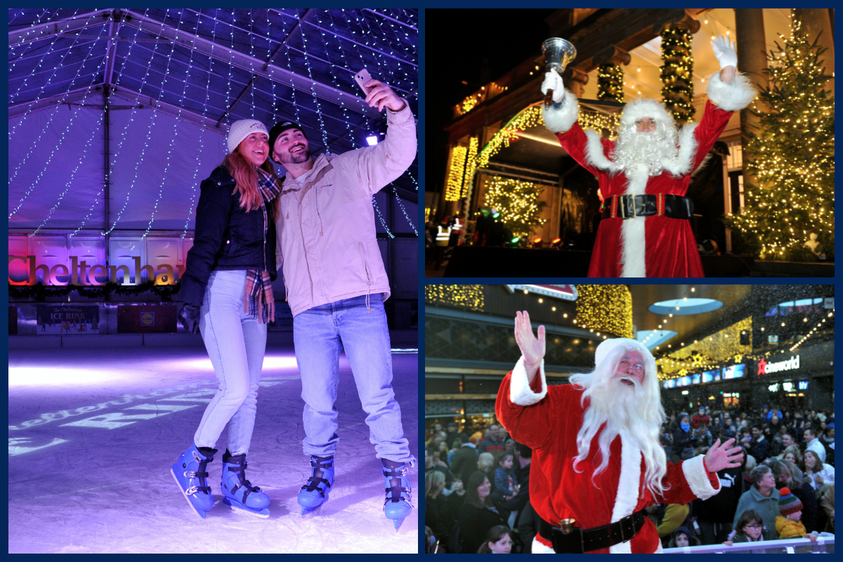 Collage of Cheltenham Ice Rink and Christmas launches at Pittville Pump Room and The Brewery Quarter, Cheltenham.