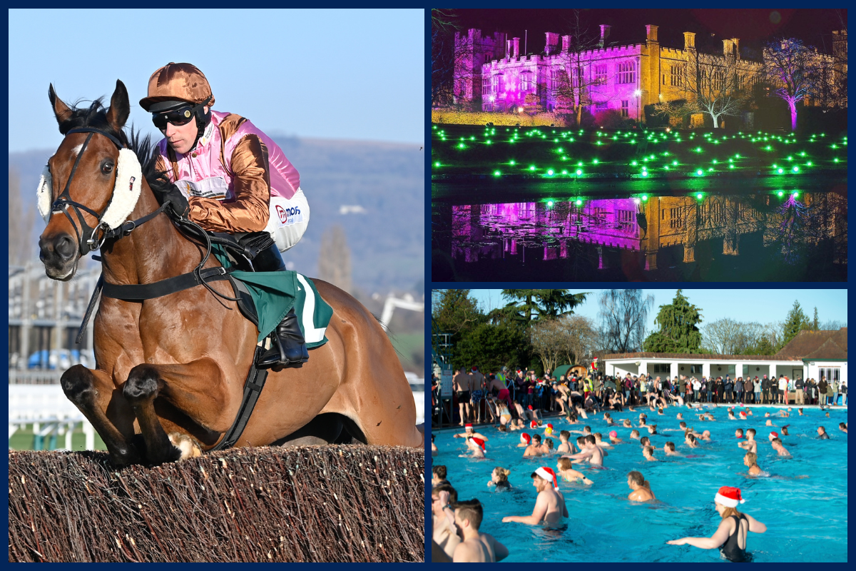 Collage of horse racing at Cheltenham Racecourse, Spectacle of Light at Sudeley Castle, Christmas day swim at Cheltenham Lido.