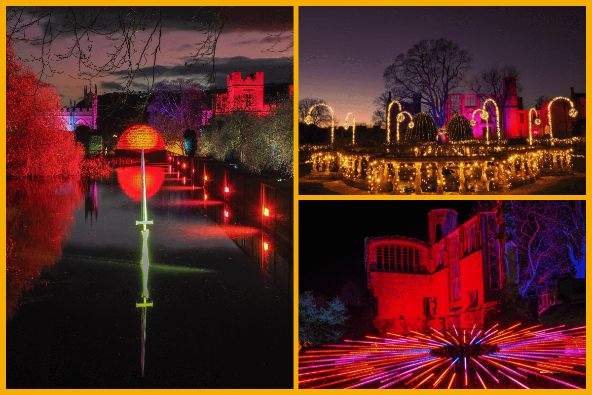 Image collage shows three images from Spectacle of Light illumination at Sudeley Castle, Cheltenham