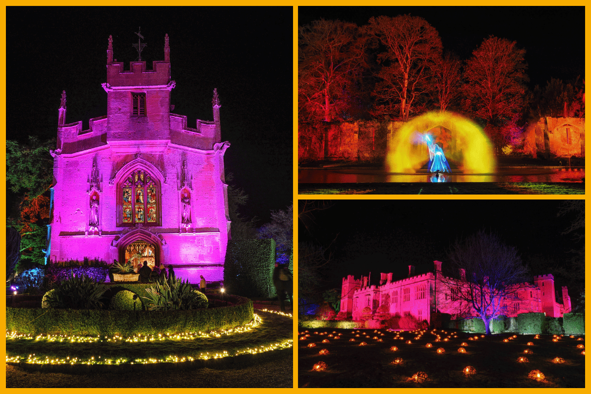 Image collage shows three images from Spectacle of Light illumination at Sudeley Castle, Cheltenham