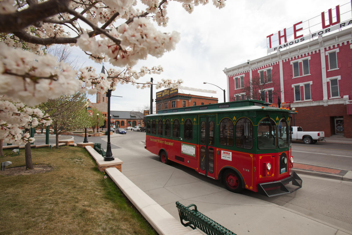 Cheyenne Street Railway Trolley waits for passengers in springtime