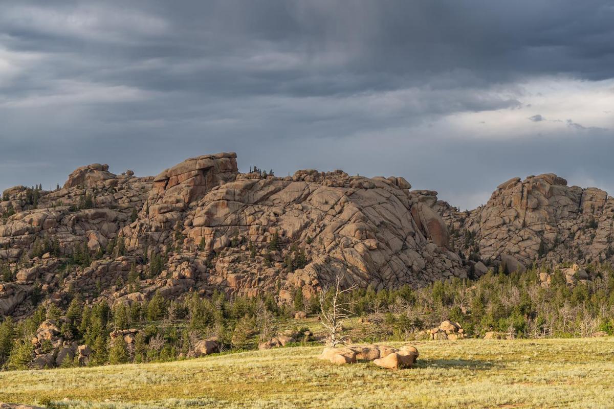Vedauwoo rock formations in Wyoming, one of the best spots for rock climbing, surrounded by trees and grasslands under a cloudy sky.
