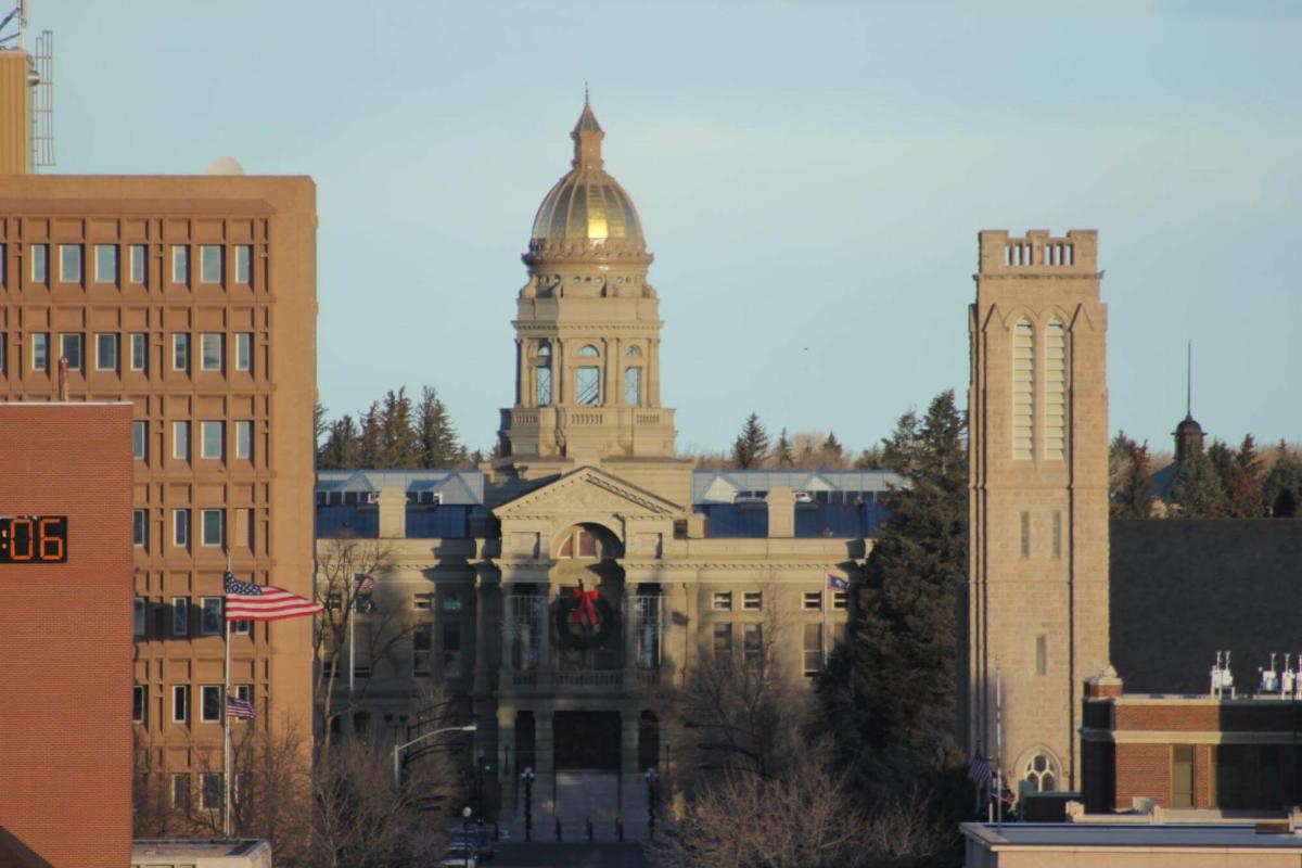 The Wyoming State Capitol, a popular stop on historic tours, during the golden hour in Cheyenne.