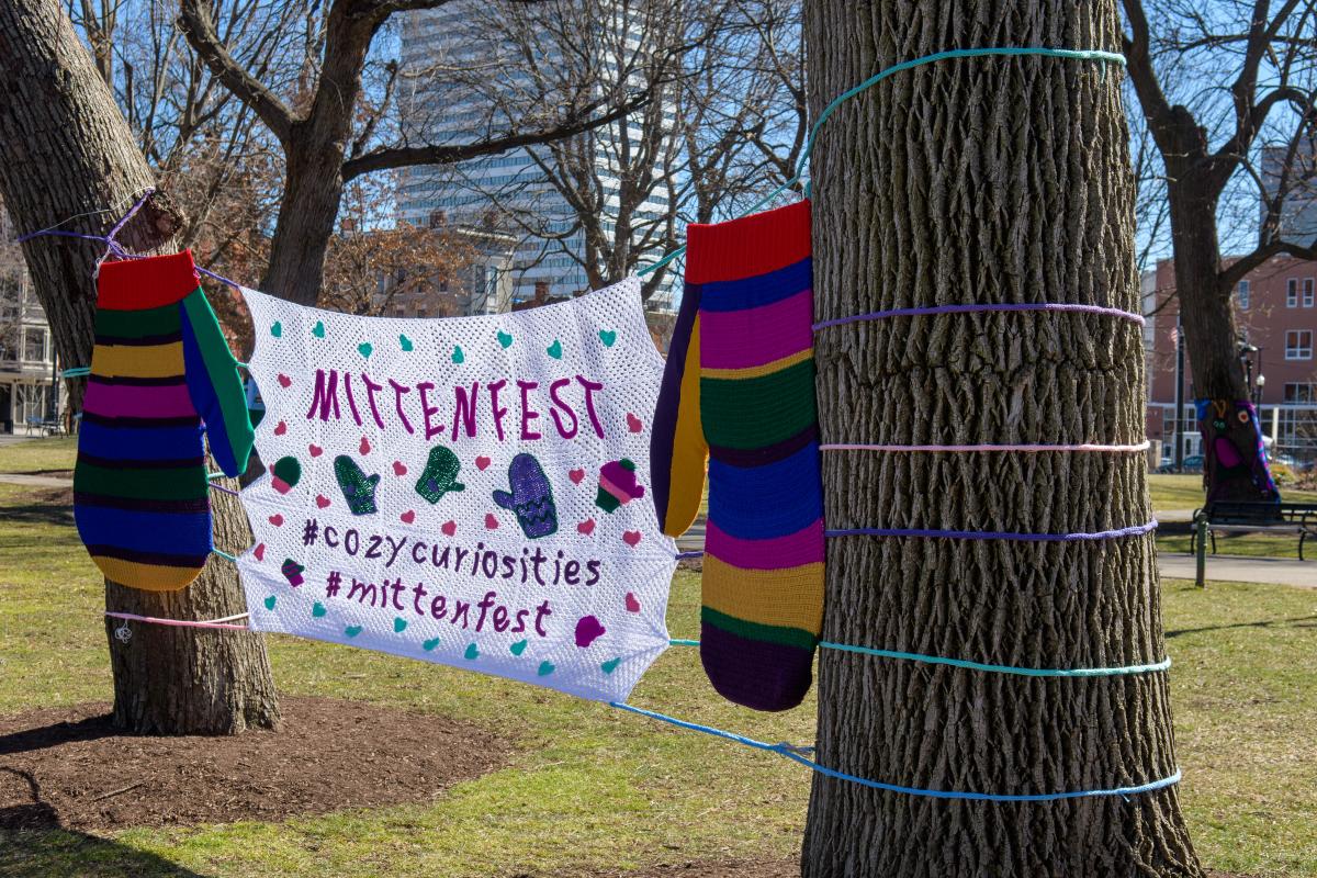 Image is of a sign that is hanging between two trees at Washington Park that says "Mittenfest" with colorful mittens surrounding it.