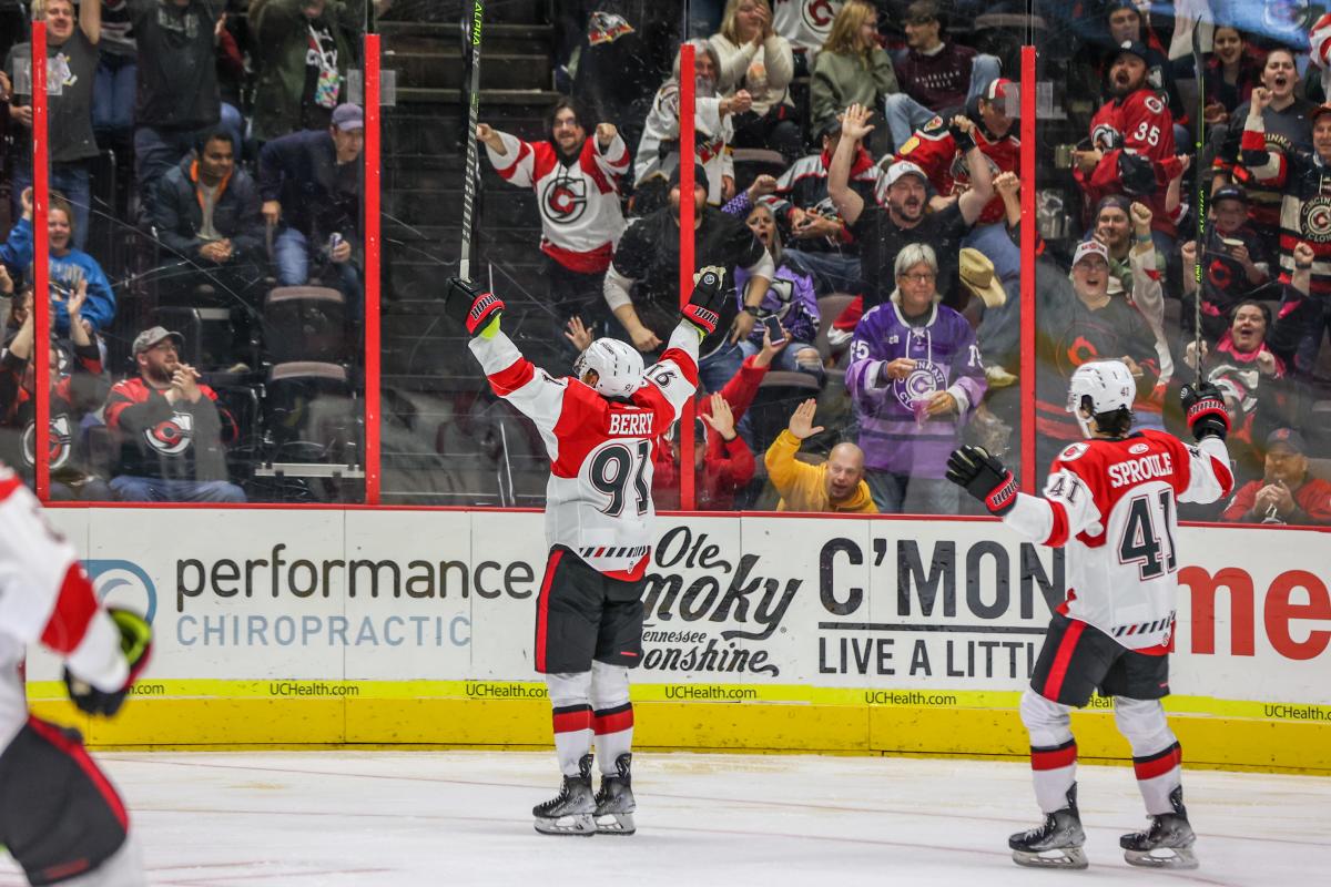 Image is of two Cincinnati Cyclones players on the ice with fans in the background cheering.