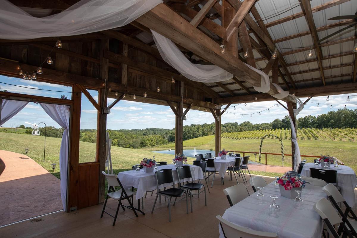 Image is of the covered patio at Seven Wells with tables, chairs and the view of the pond and vineyard.