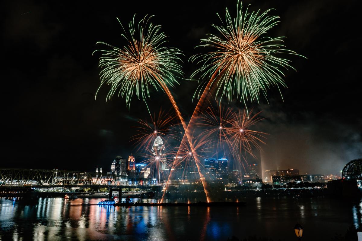 Image is of fireworks at night on the Ohio River with the City of Cincinnati in the background.