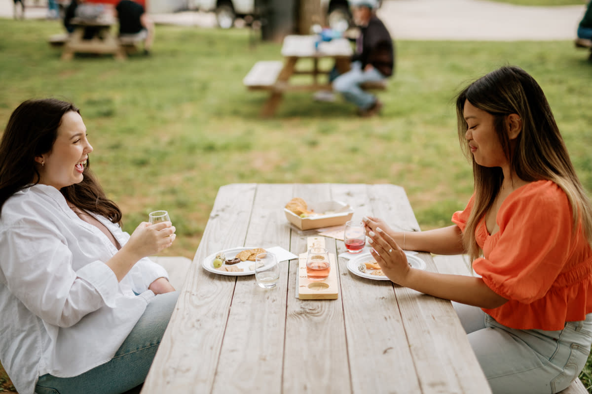 two women enjoy wine and snacks at a picnic table