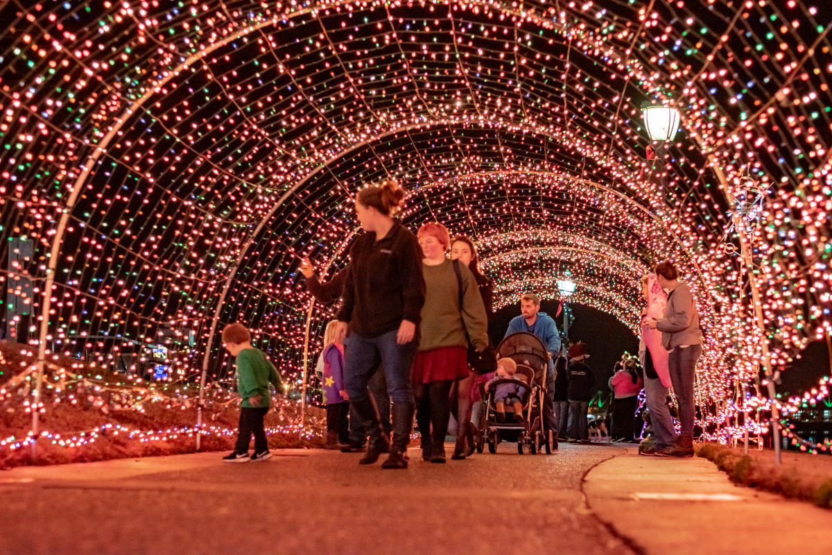 family walking through a light tunnel