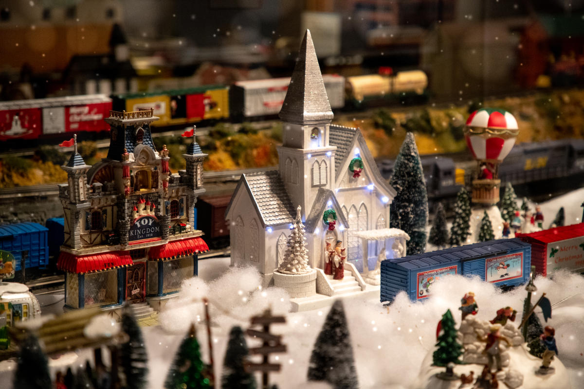 Model train decorated for Christmas