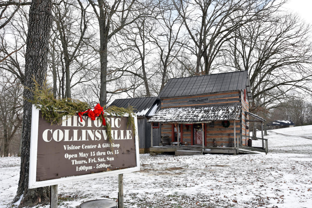 Historic Collinsville welcome center covered in snow.