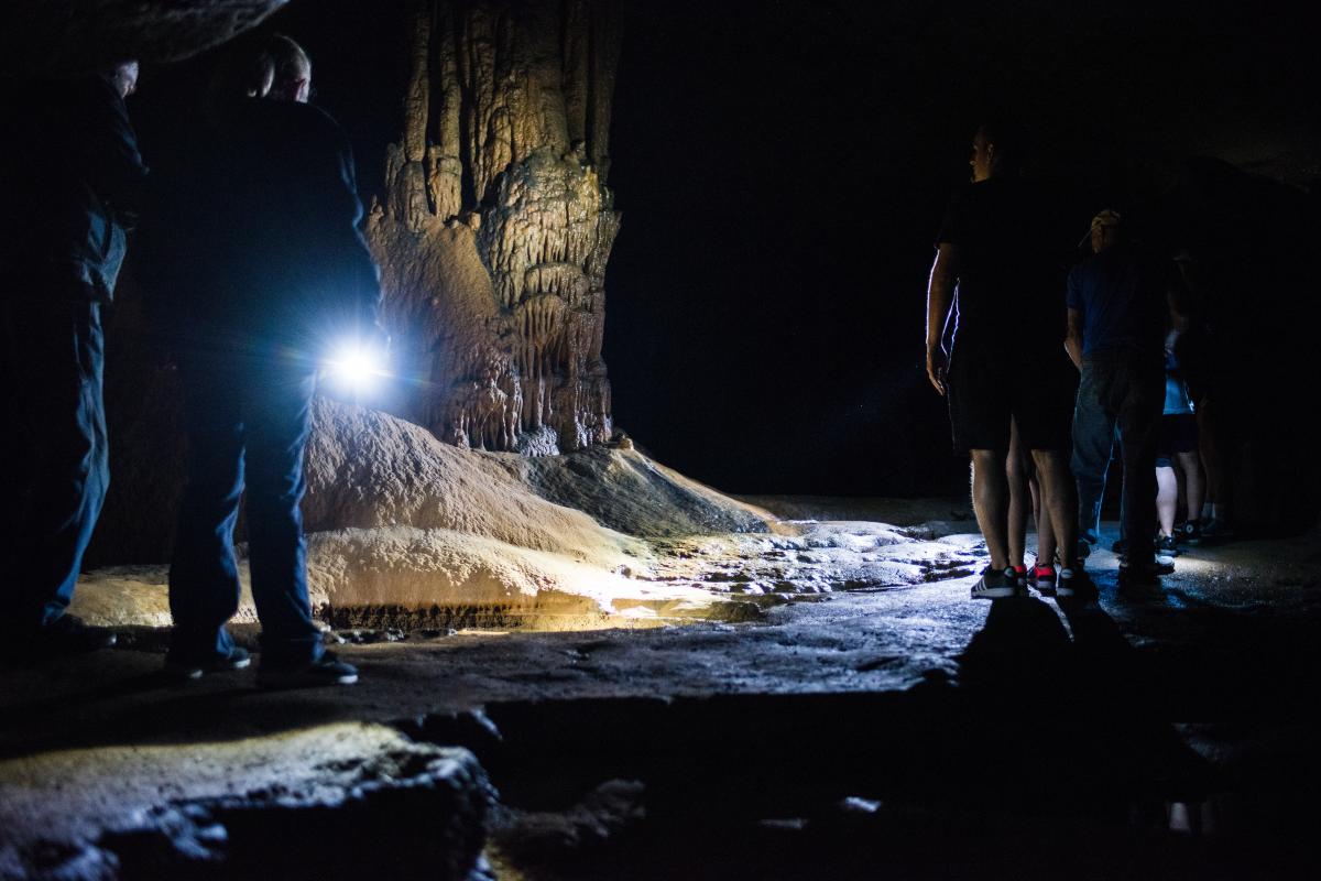 Tour group inside Dunbar Cave
