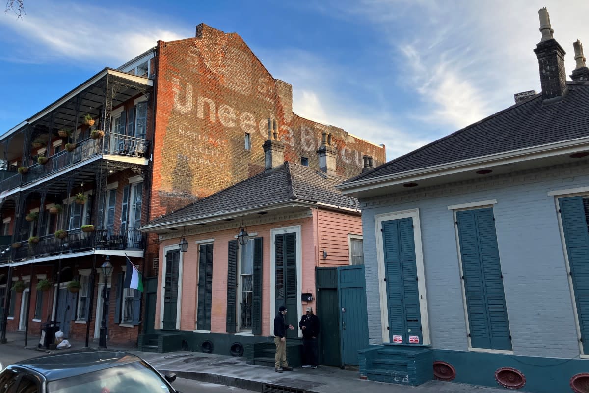 The Uneeda Biscuit wall sign in New Orleans, seen from Bourbon and Dumaine Streets, on March 20, 2023.