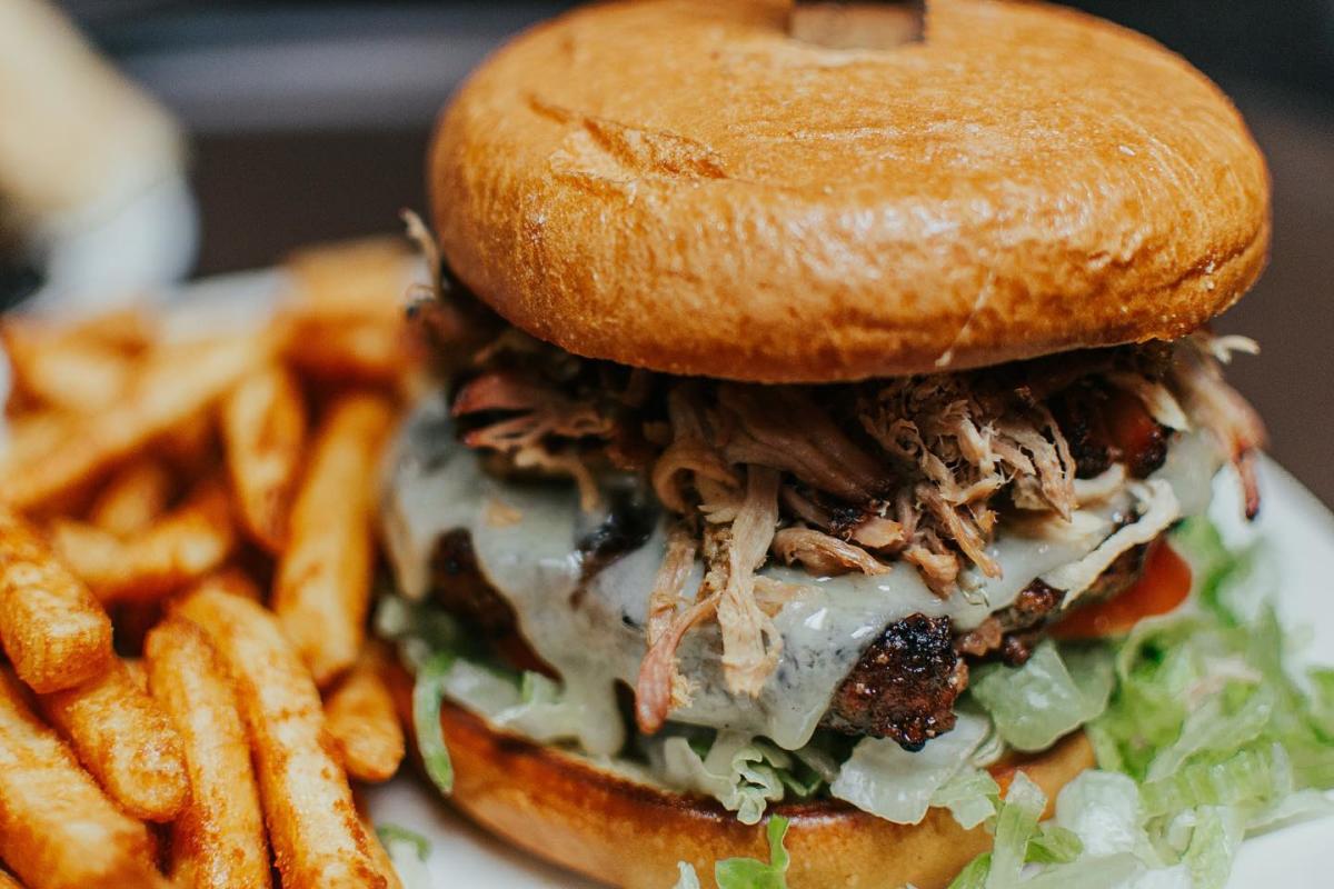 pulled pork on a burger with fries