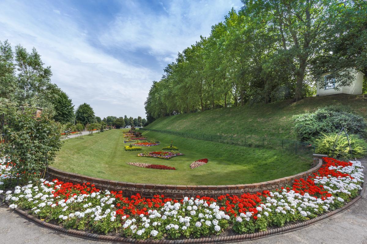Colourful flowers in Upper Castle Park on a sunny day.