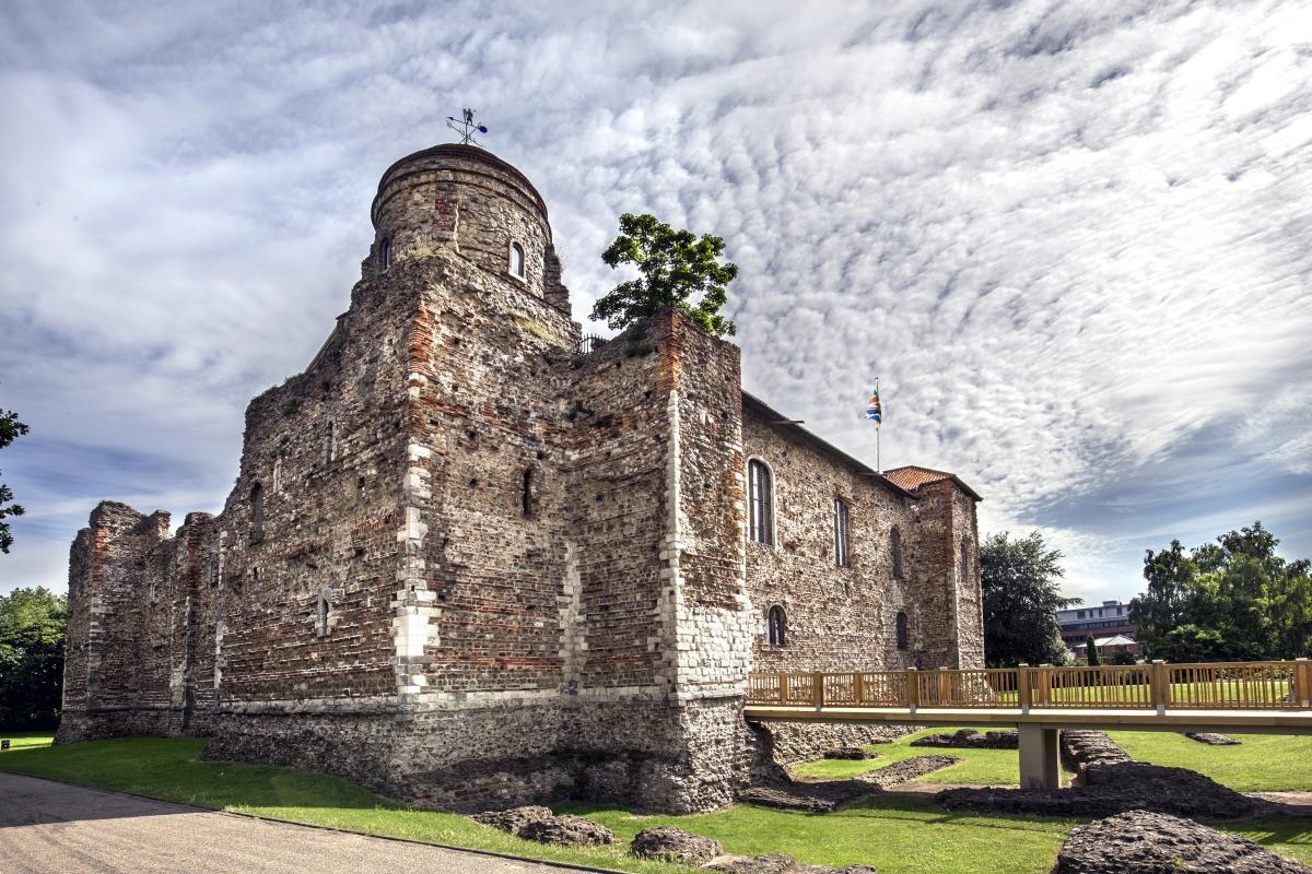 A large brick Castle photographed from a corner with a brick rotunda and tree growing from the roof clearly visible in the foreground.