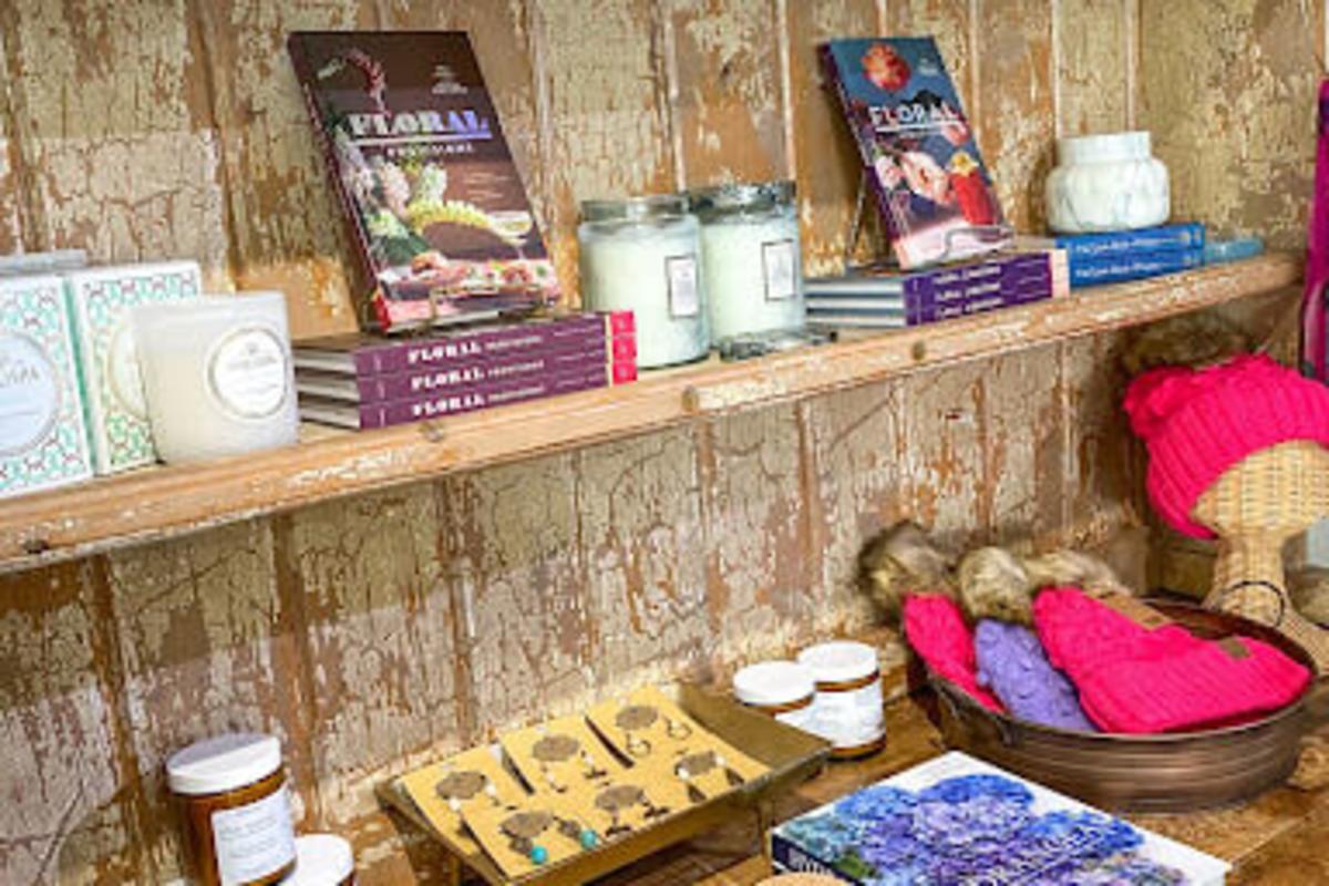 Candles, books and miscellaneous items on a shelf display at Golden Galleon Boutique 