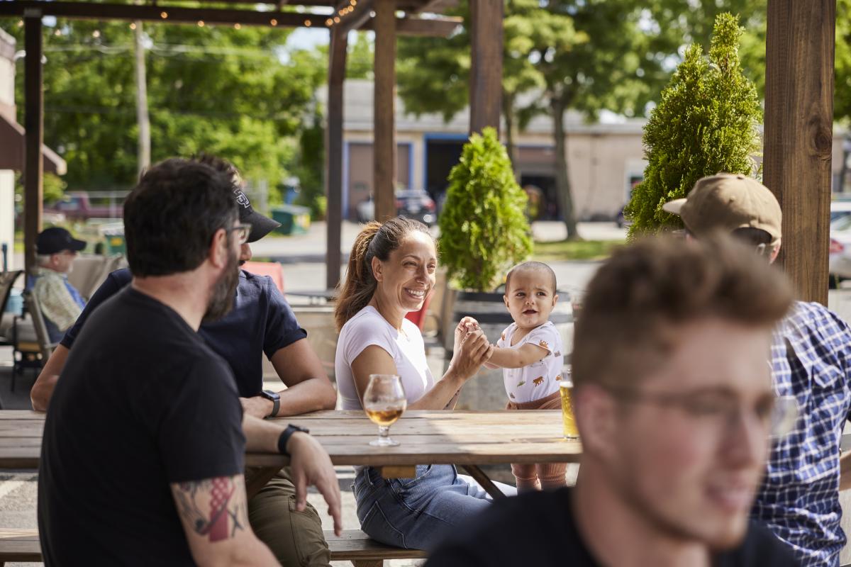 People enjoy beer outside at Weyerbacher Brewing in Easton, PA