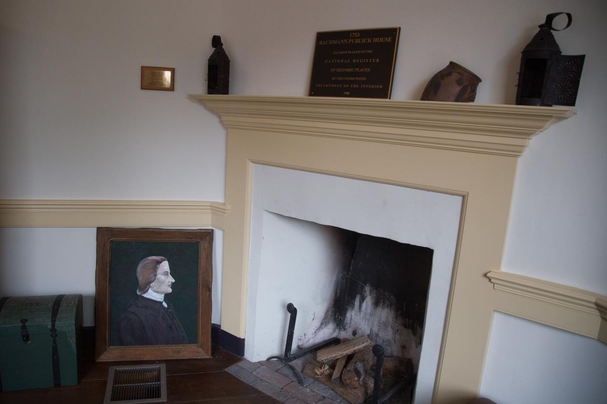 A view of the fireplace inside the 1753 Bachmann Publick House in Easton, PA